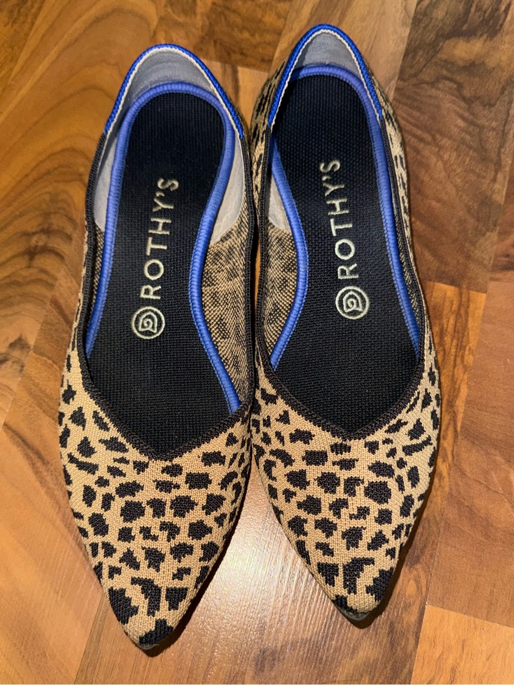 Rothy's Leopard Knit Pointed Flats in Tan and Black with Blue Trim
